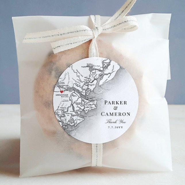 Adesivo Redondo Elegante Savannah Georgia Mapa Casado Favor (Elegant Savannah Georgia Map Thank You Wedding Favor Sticker in black and white)