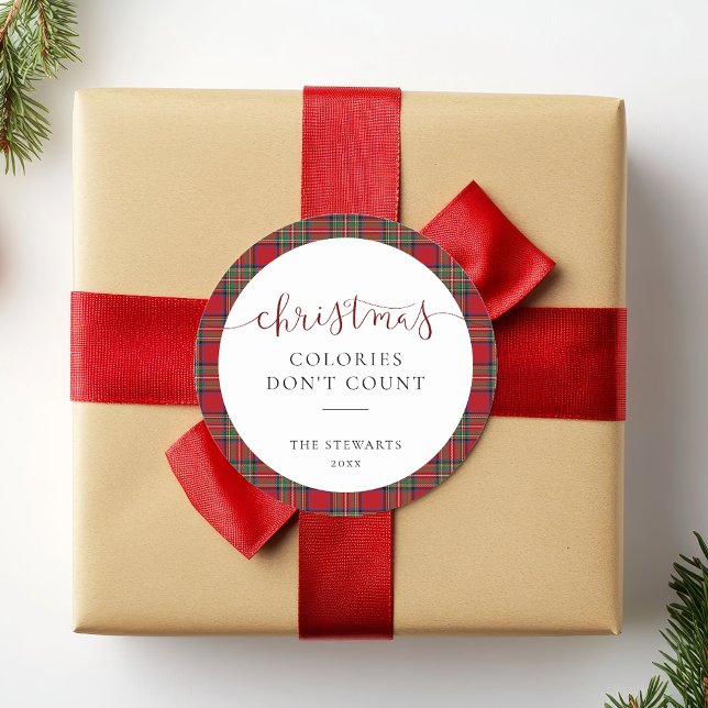 Adesivo Redondo Elegante Script Colories Xadrez Tartan (Christmas Colories Don't Count Stewart Tartan Round Sticker)