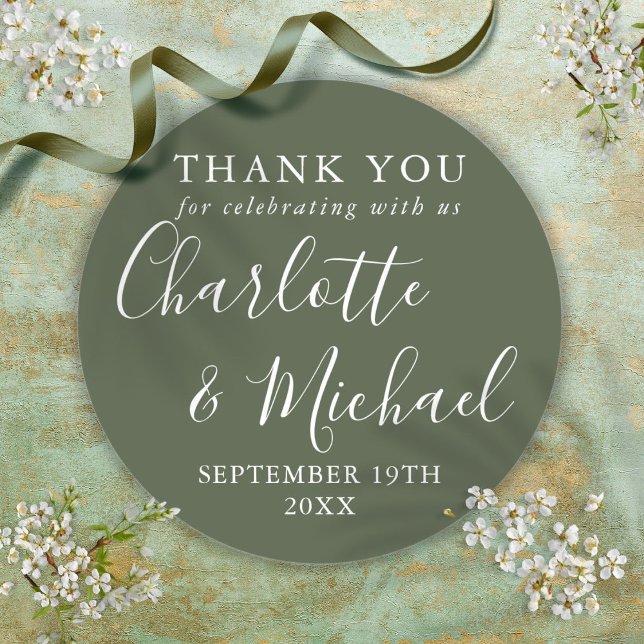 Adesivo Redondo Elegante Script de Agradecimento em Verde Oliva (Elegant Olive Green Signature Script Thank You Classic Round Sticker)
