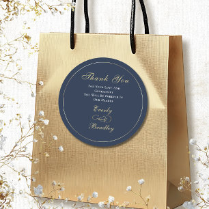 Adesivo Redondo Elegante Script Dourado Branco Fundo Azul-Marinho 