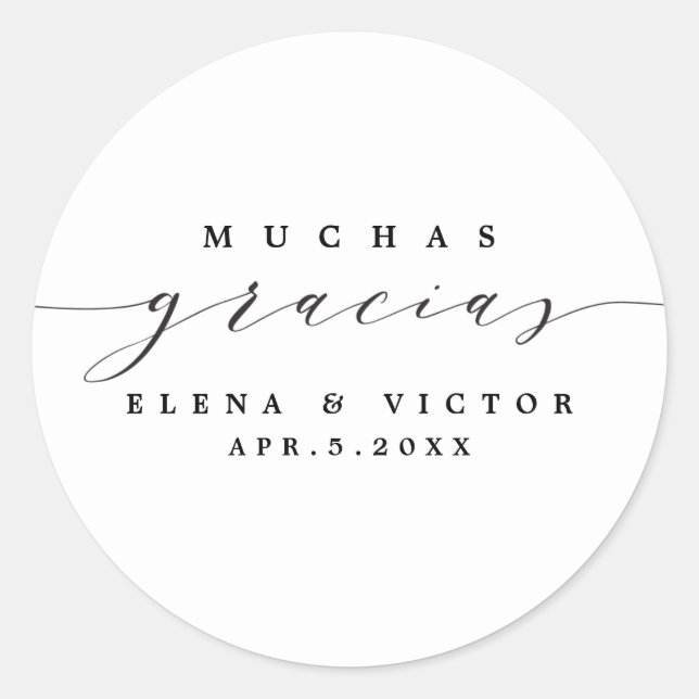 ADESIVO REDONDO ELEGANTE SCRIPT MUCHAS GRACIAS | OBRIGADO, STICKER (Frente)