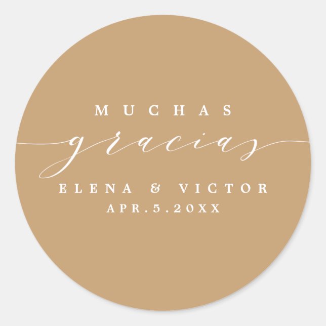 ADESIVO REDONDO ELEGANTE SCRIPT MUCHAS GRACIAS | OBRIGADO, STICKER (Frente)