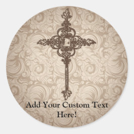 Adesivo Redondo Elegante Scroll Christian Cross w/Swirl Fundo