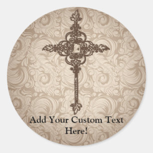 Adesivo Redondo Elegante Scroll Christian Cross w/Swirl Fundo