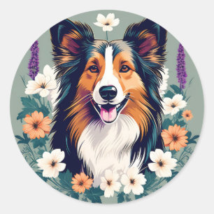 Adesivo Redondo Elegante Shetland Sheepdog com Floral