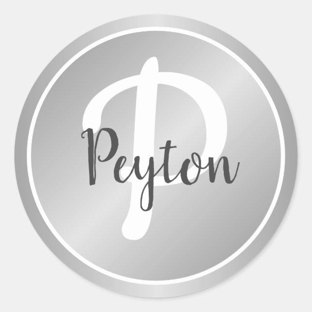 Adesivo Redondo Elegante Simples Cinza Prateado Monograma Nome (Frente)