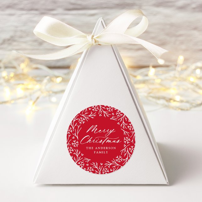 Adesivo Redondo Elegante Snowflake Wreath Red Feliz Natal (Criador carregado)
