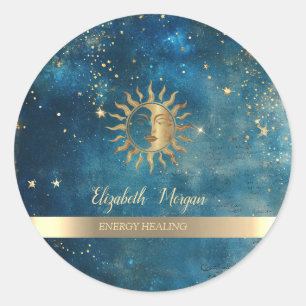 Adesivo Redondo Elegante Sol Dourado Estrelas Aquarela Azul