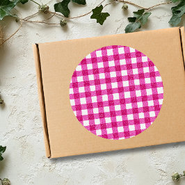Adesivo Redondo Elegante Tartan de Brilho Rosa no Branco no Dia do