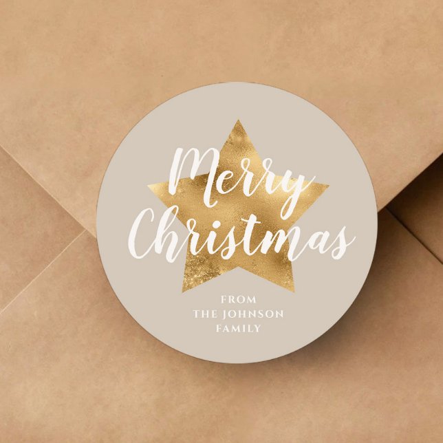 Adesivo Redondo Elegante Taupe Beige Faux Estrela Dourada Feliz Na (Elegant Taupe Beige Faux Gold Star Merry Christmas Classic Round Sticker)