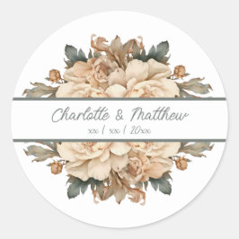 Adesivo Redondo Elegante Taupe Com Casamento Floral Verde
