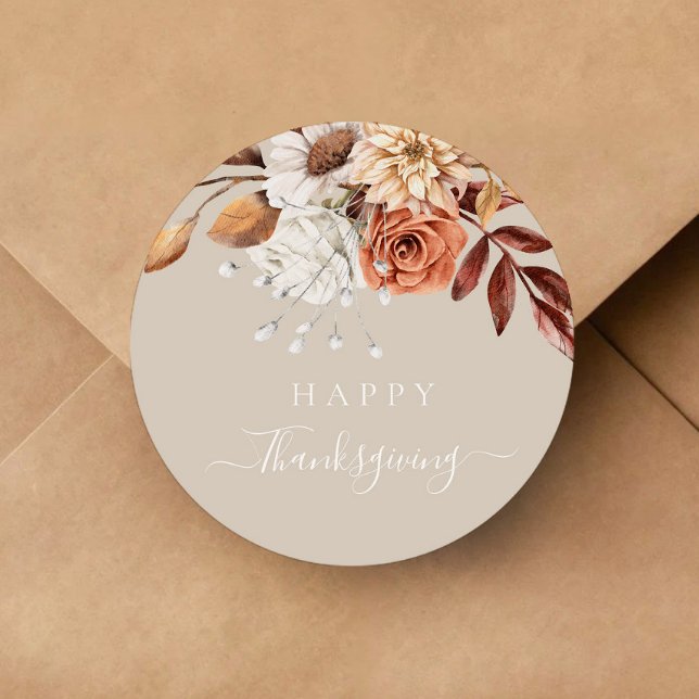 Adesivo Redondo Elegante Taupe Fall Floral Feliz Ação de Graças (Elegant Taupe Fall Floral Happy Thanksgiving Classic Round Sticker)