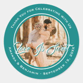 Adesivo Redondo Elegante Teal Love É Foto De Casamento Doce