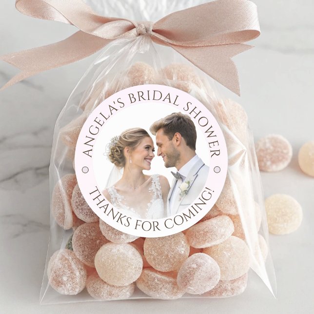 Adesivo Redondo Elegante Tender Pink Your Photo Chá de panela (Elegant Tender Pink Your Photo Bridal Shower Classic Round Sticker)