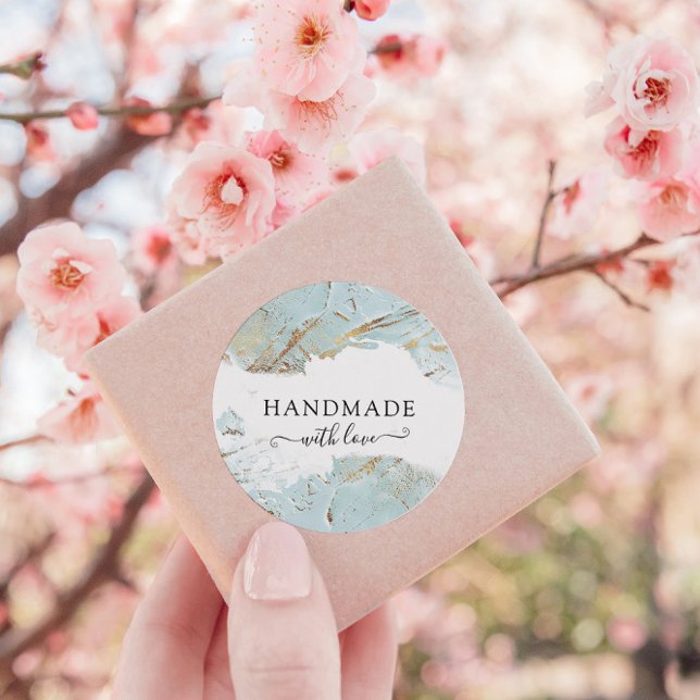 Adesivo Redondo Elegante Texturizado Azul Dourado, Feita Com Amor (Criador carregado)