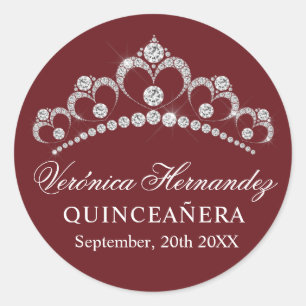 Adesivo Redondo Elegante Tiara Burgundy Espanhola Quinceañera Quin