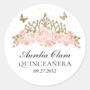 Adesivo Redondo Elegante Tiara Floral Rosa Bege Dourada Quinceaner