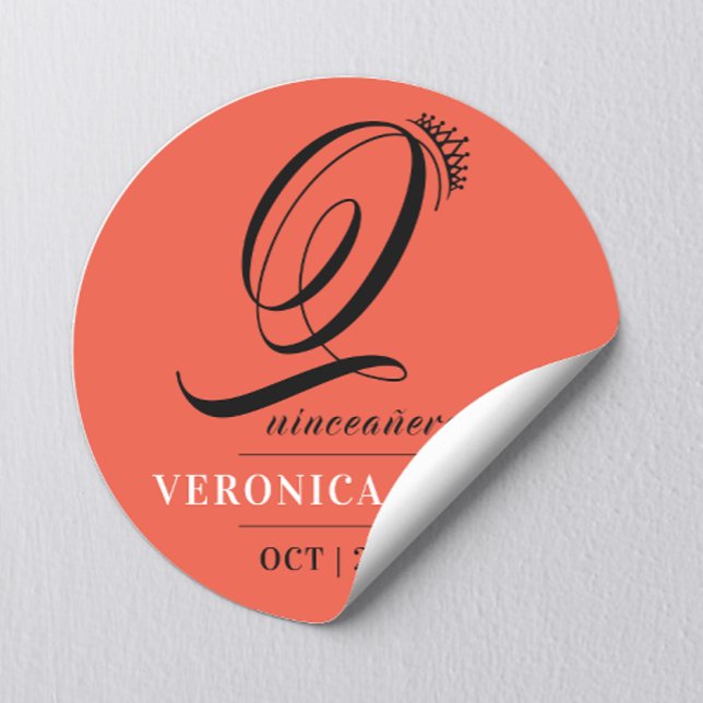 Adesivo Redondo Elegante Tiara Orange Red 15 Quinceañera (Criador carregado)