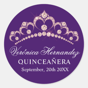 Adesivo Redondo Elegante Tiara Purple espanhola Quinceañera Quince