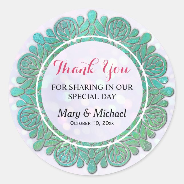 Adesivo Redondo Elegante Turquesa Shiny Mandala Muito Obrigado (Frente)