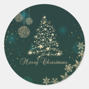 Adesivo Redondo Elegante Verde,Árvore de Natal Dourada Falsa,Floco