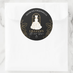 Adesivo Redondo Elegante Vestido de Noiva Preto e Dourado Chuveiro