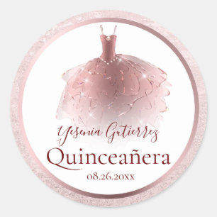 Adesivo Redondo Elegante vestido de Quinceañera em ouro rosa