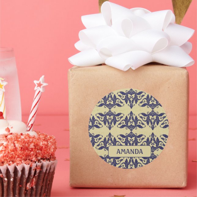 Adesivo Redondo Elegante vintage damask marinho Monograma amarelo  (Festa)