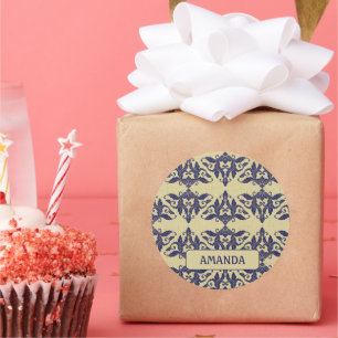 Adesivo Redondo Elegante vintage damask marinho Monograma amarelo 