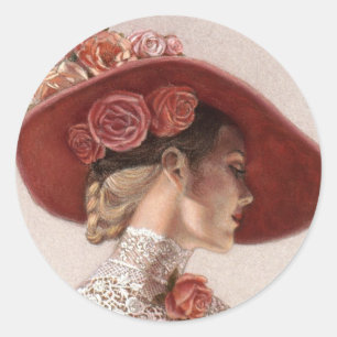 Adesivo Redondo Elegante vitoriana Lady Fine Art Vintage Rosa Hat