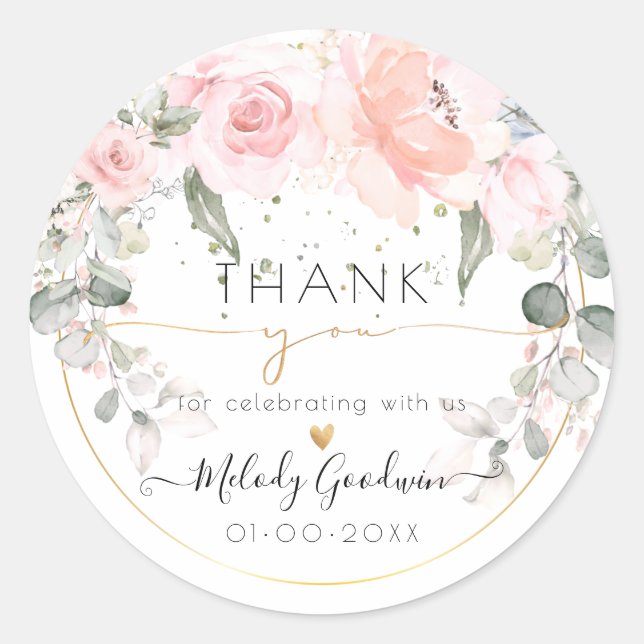 Adesivo Redondo Elegante Watercolor Blush Pink Roses Obrigado (Frente)
