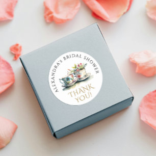 Adesivo Redondo Elegante Watercolor Floral Teacup Dourado Obrigado