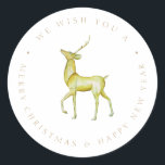 Adesivo Redondo Elegante Watercolor Merry Christmas Reindeer<br><div class="desc">Uma rena de ouro pintada à mão com uma cor d'água em um adesivo chic de férias</div>