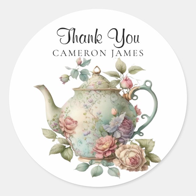 Adesivo Redondo Elegante Watercolor Teapot Floral Tea Party (Frente)