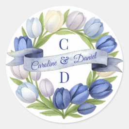 Adesivo Redondo Elegante Watercolor Tulip Wreath Casamento Blue Iv