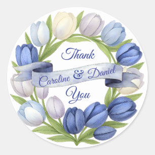 Adesivo Redondo Elegante Watercolor Tulip Wreath Casamento Blue Iv