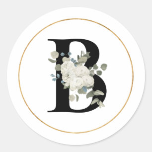 Adesivo Redondo Elegante White Floral Monograma Letra B em Branco 
