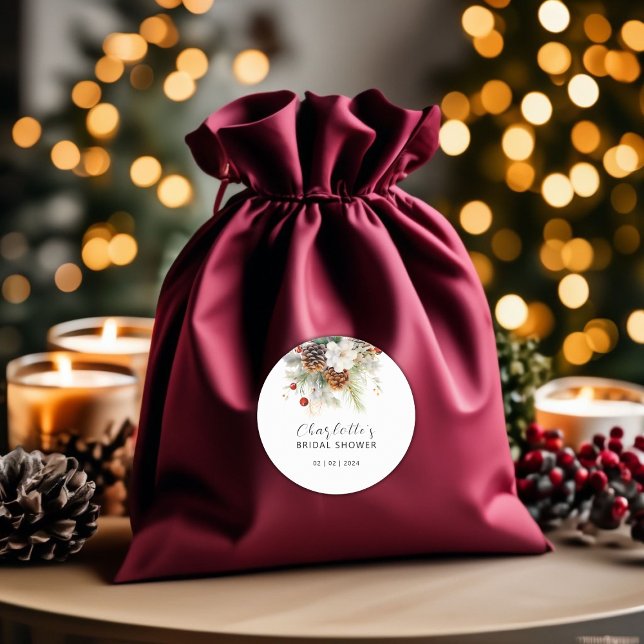 Adesivo Redondo Elegante Winter Evergreen e Rowan Berries Bridal (Winter Evergreen and Rowan Berries Bridal Classic Round Sticker)