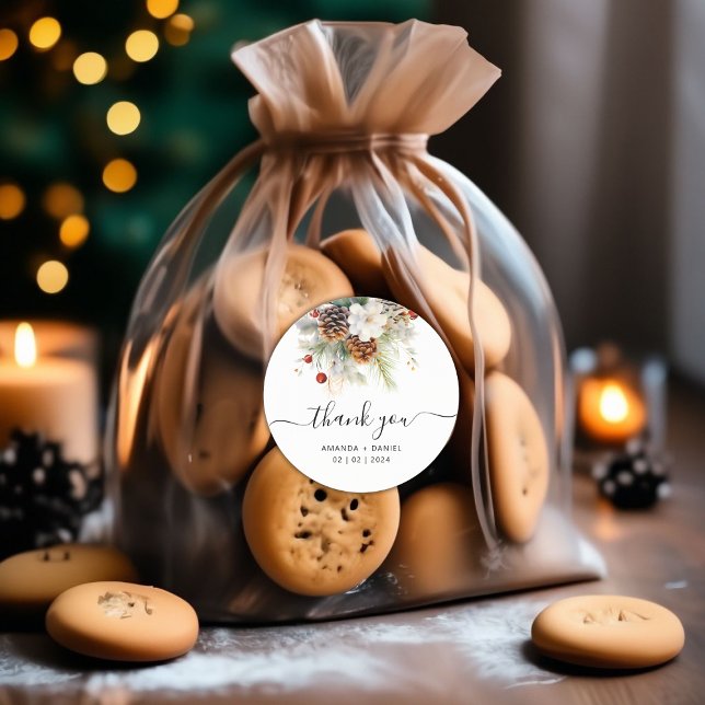 Adesivo Redondo Elegante Winter Evergreen Wedding Obrigado (Winter Evergreen Wedding Thank You Classic Round Sticker)