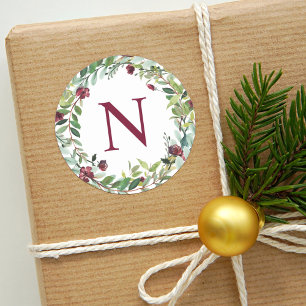 Adesivo Redondo Elegante Winter Greenery Burgundy Monograma Wreath