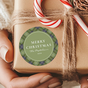 Adesivo Redondo Elegante Xadrez Verde Clássica Feliz Natal