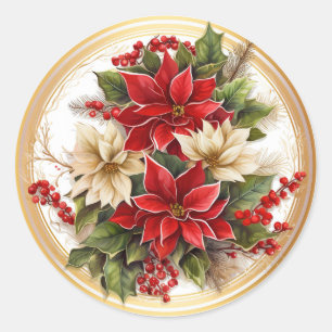 Adesivo Redondo Elegantes Botânicos de Natal Vermelhos e Verdes