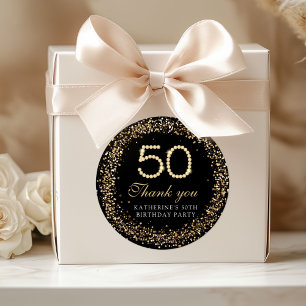 Adesivo Redondo Elegantes Diamantes Dourados 50º Aniversário Obrig