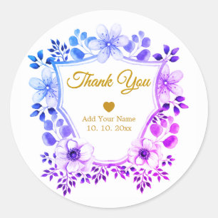 Adesivo Redondo Elegantes Flores de Aquarela Azul e Roxo Obrigado