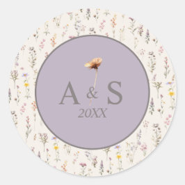 Adesivo Redondo Elegantes Flores Silvestres Lilás, Bege e Creme