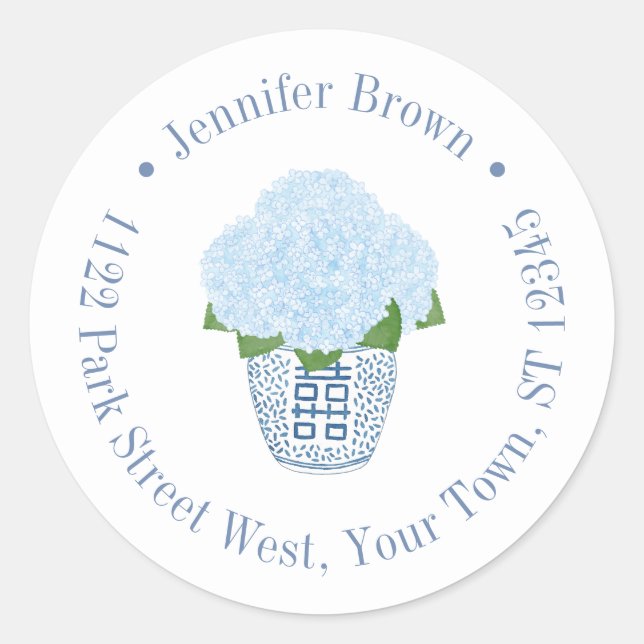 Adesivo Redondo Elegantes Hidrangeas Vaso de Gengibre Endereço de  (Frente)