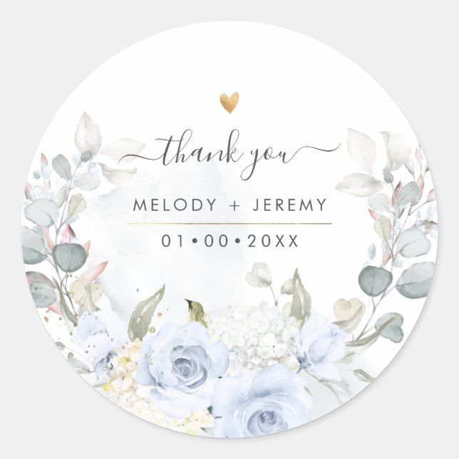 Adesivo Redondo Elegantes Rosas Azul Poeira em Aquarela Obrigado (Frente)