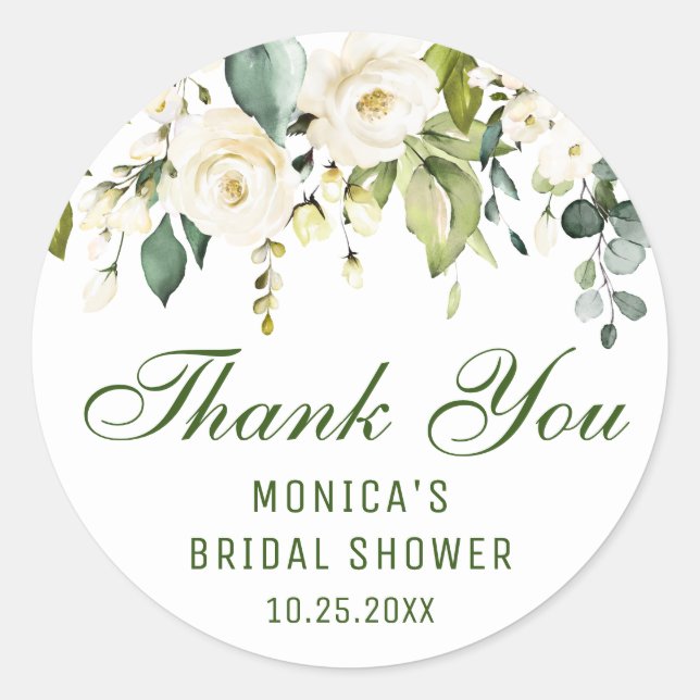 Adesivo Redondo Elegantes Rosas Brancas de Eucalipto Agradecimento (Frente)