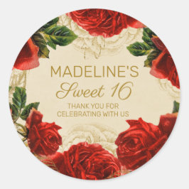 Adesivo Redondo Elegantes Rosas Vermelhas Vintage Sweet 16