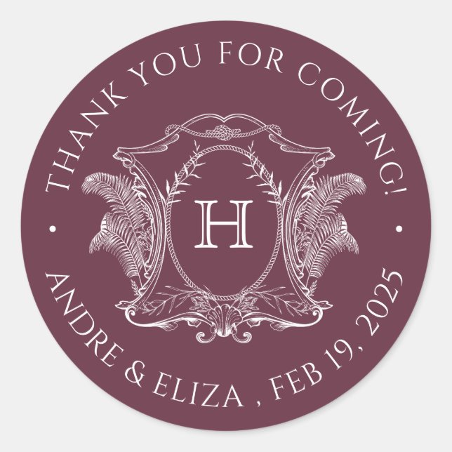 Adesivo Redondo Elemento de Casamento Monograma Burgundy do Tema d (Frente)